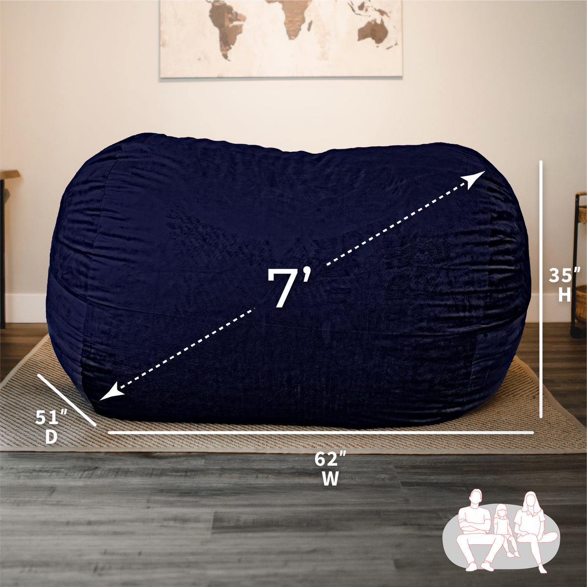 Navy bean bag with dimensions labeled on a wooden floor.