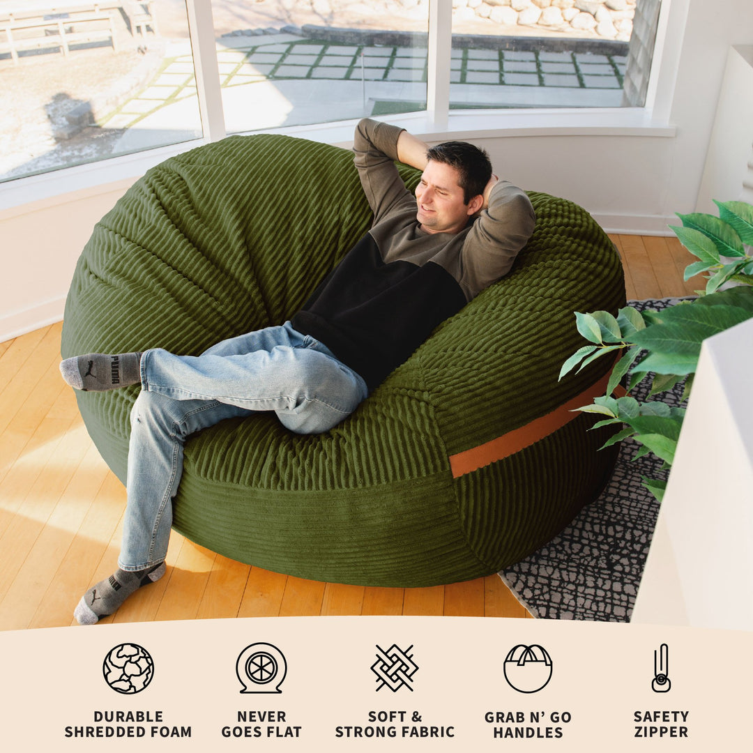 features Big Joe Fuf XL Foam Beanbag Lounger Moss Green Corded Plush #color_moss-green-corded-plush