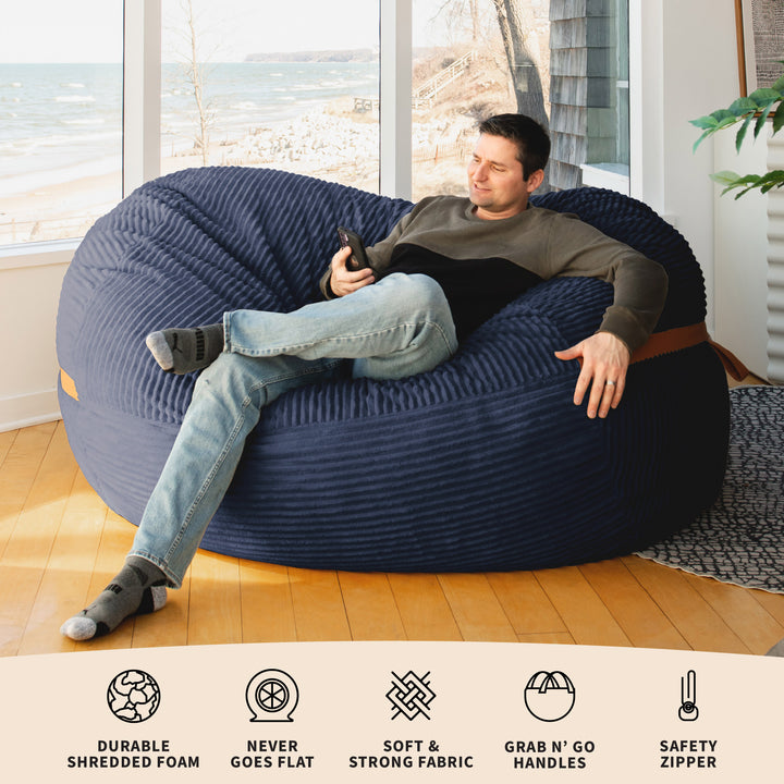 Features Big Joe Fuf XL Foam Beanbag Lounger Midnight Blue Corded Plush #color_midnight-blue-corded-plush