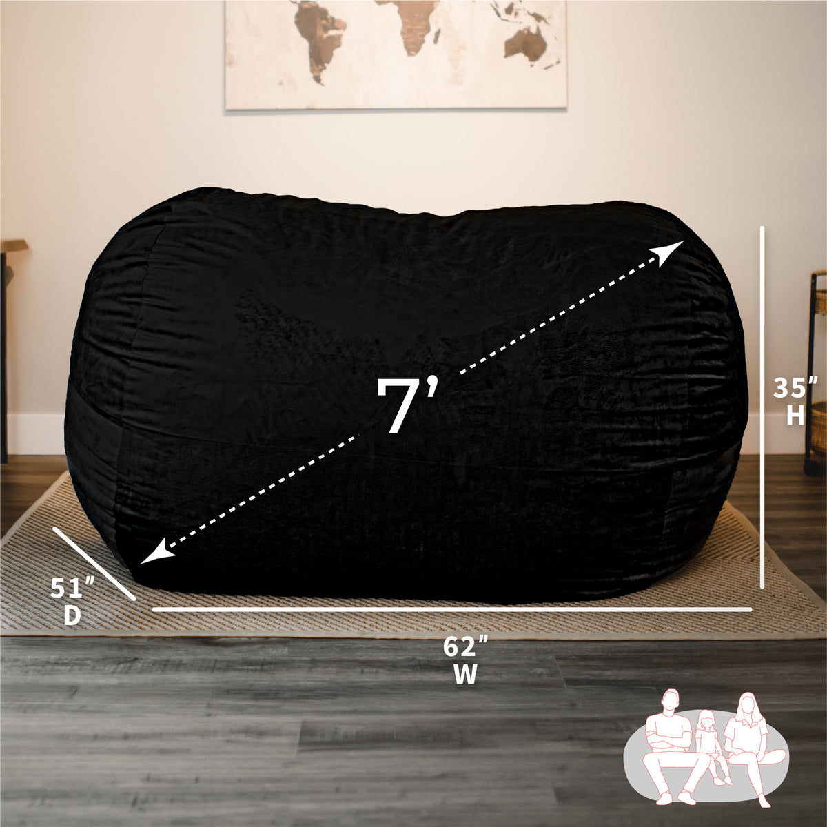 Black bean bag chair with measurements in a room setting