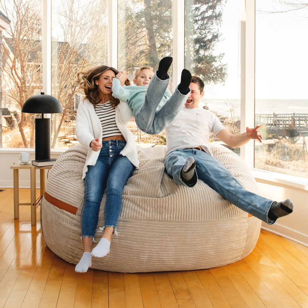 Comfortably Fit 3 people on the Fuf XXL Foam Bean Bag Chair #color_vanilla-latte-corded-plush