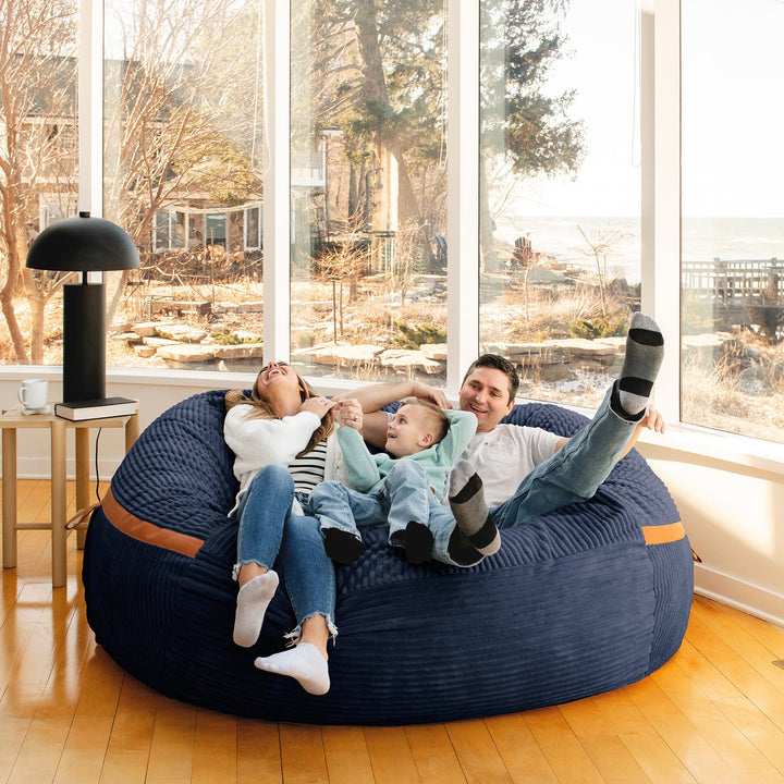 Family laying on Fuf XXL Foam Beanbag  Midnight Blue Corded Plush #color_midnight-blue-corded-plush