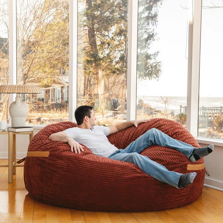 Fuf XXL Oversized Family Bean Bag Chair stretch out and lay down #color_deep-terracotta-corded-plush