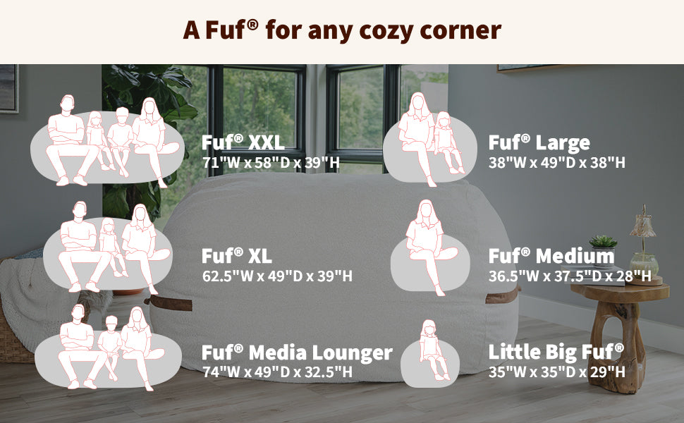 Fuf furniture product line with dimensions and descriptions in a living room setting. " A Fuf for any cozy corner"