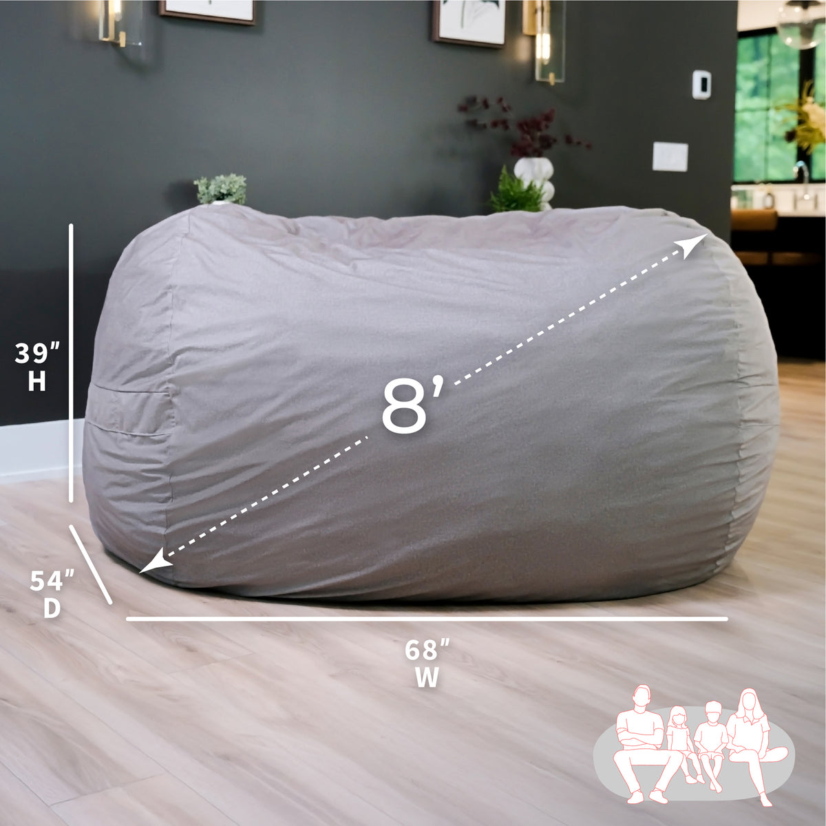 Gray bean bag chair with dimensions on a wooden floor