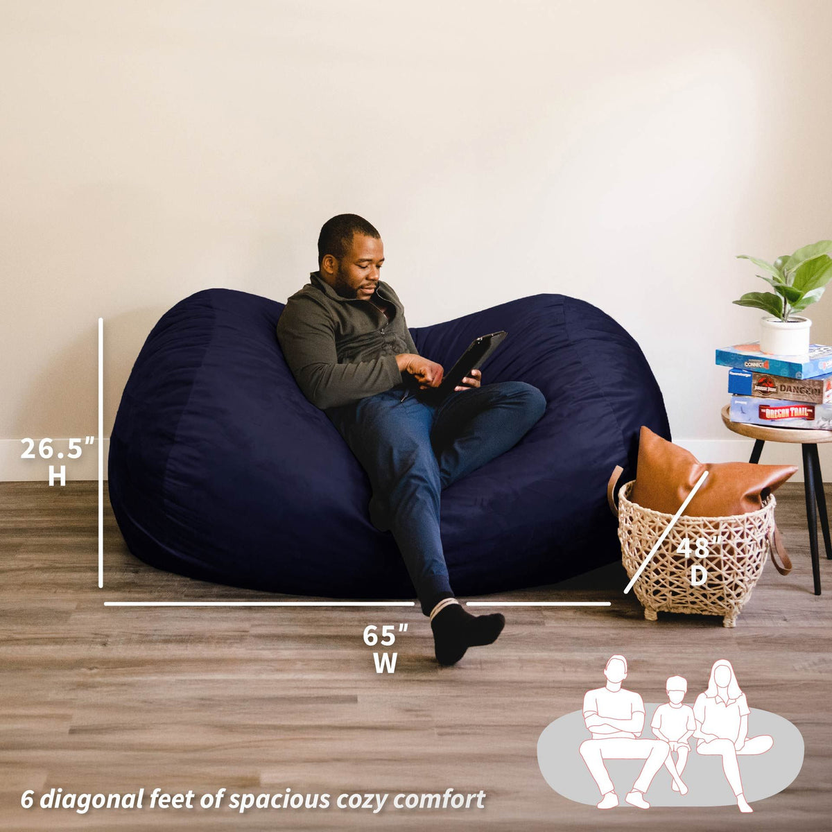 Man sitting on a large navy bean bag chair with measurements and comfort information displayed.