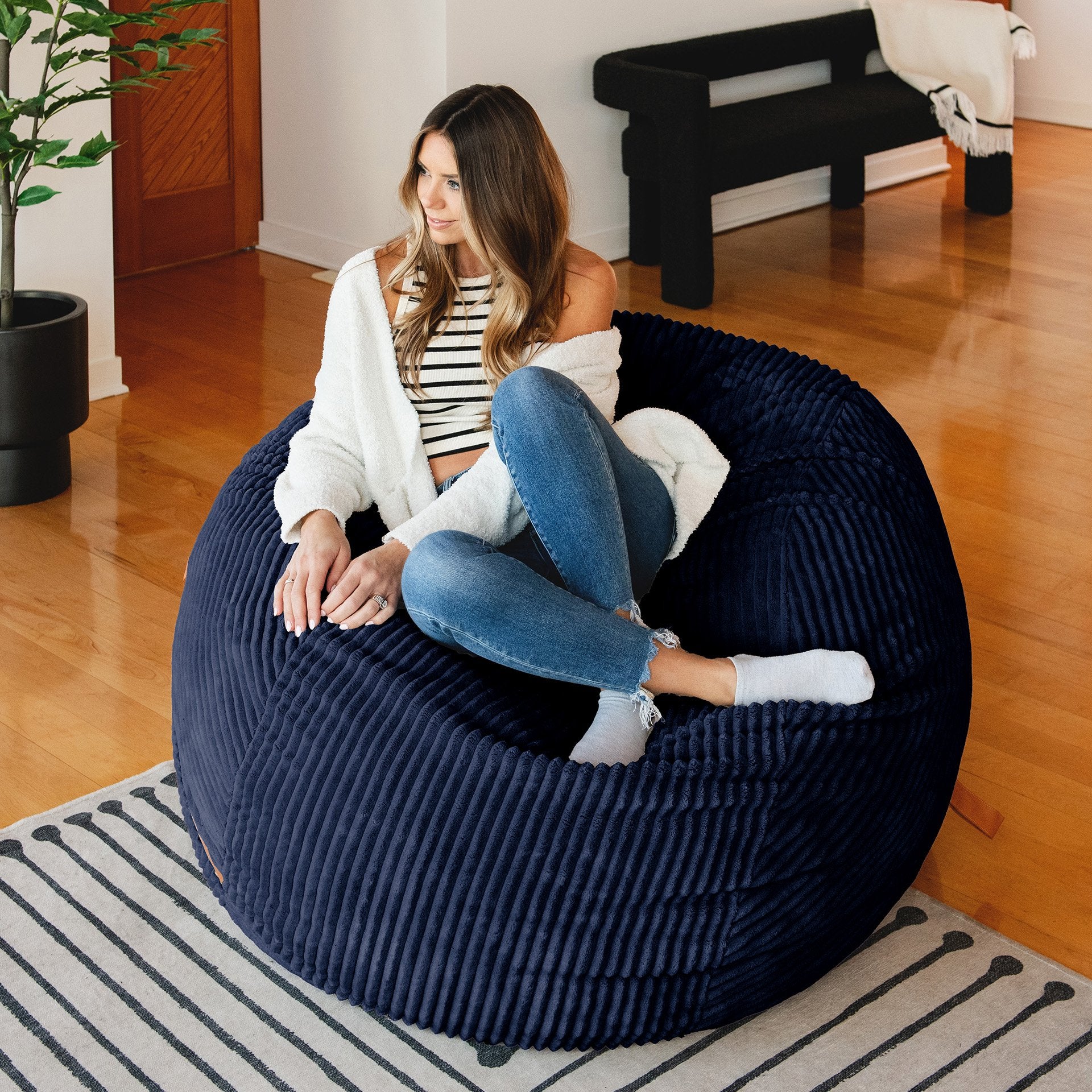 Lounging Fuf Large Foam-Filled Bean Bag Chair #color_midnight-blue-corded-plush