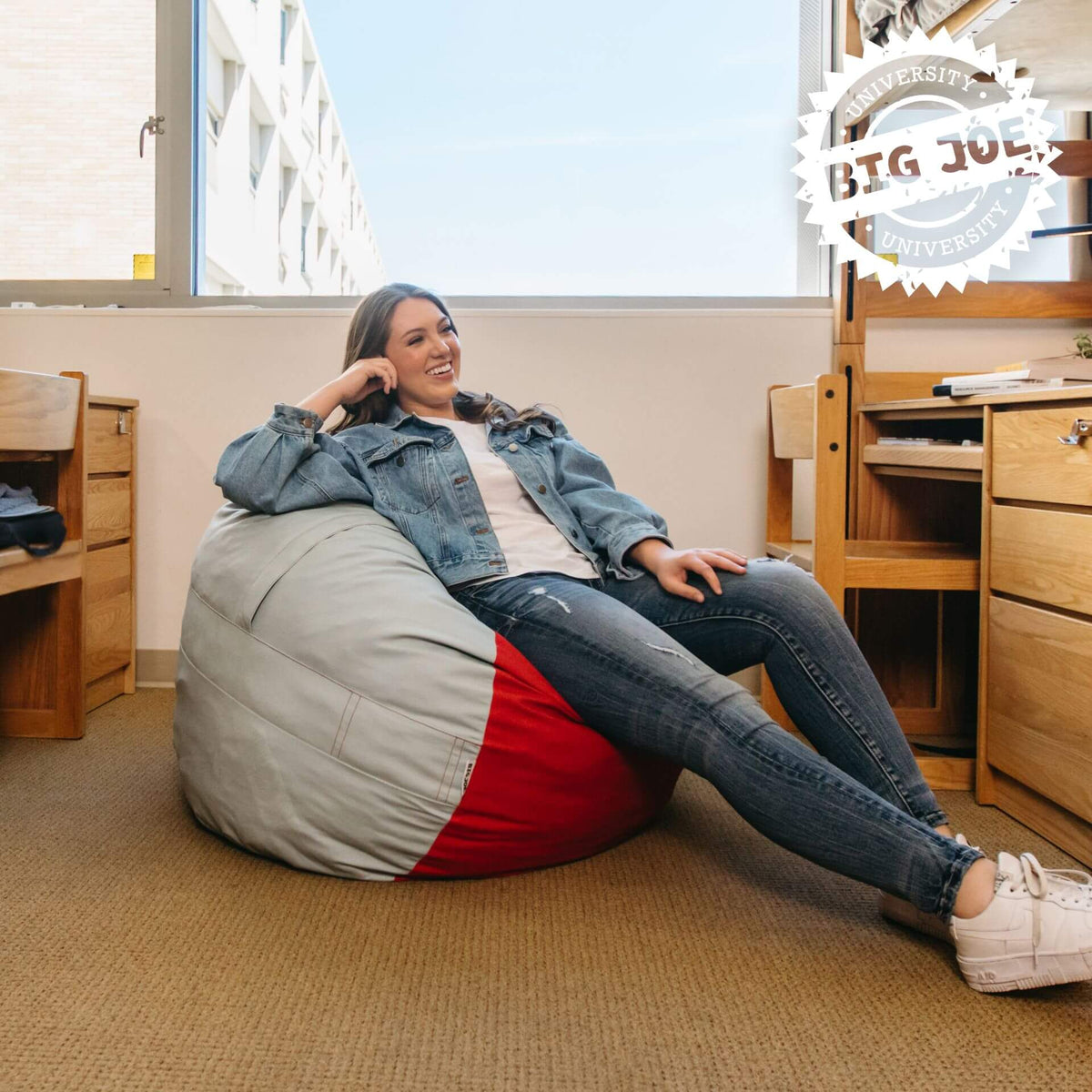 Grey and red dorm foam filled beanbag