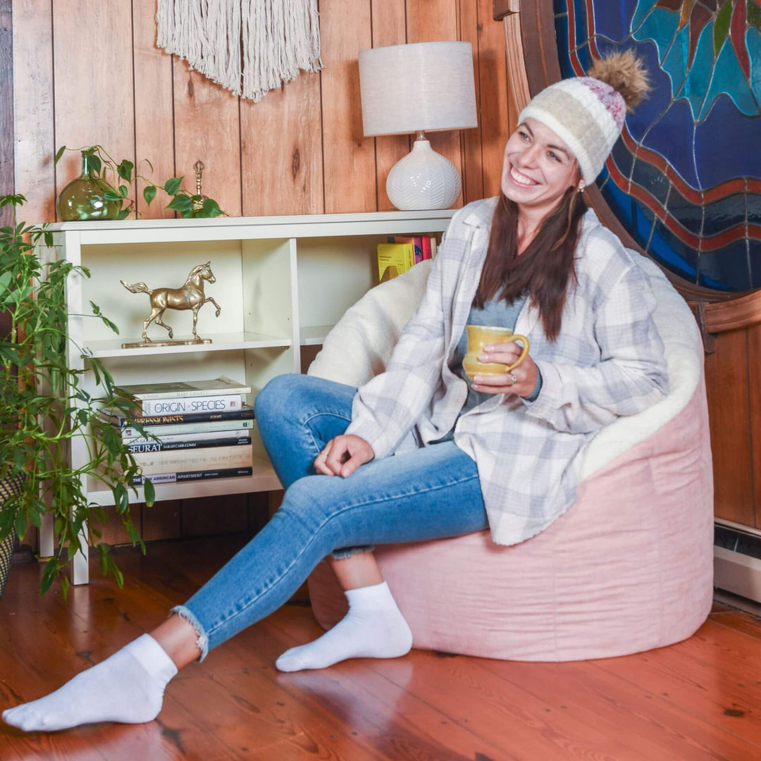 Get Cozy with the milano beanbag chair including back rest #color_desert-rose-sherpa-vegan-suede