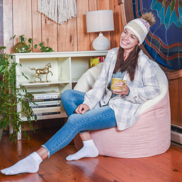 Get Cozy with the milano beanbag chair including back rest #color_desert-rose-sherpa-vegan-suede