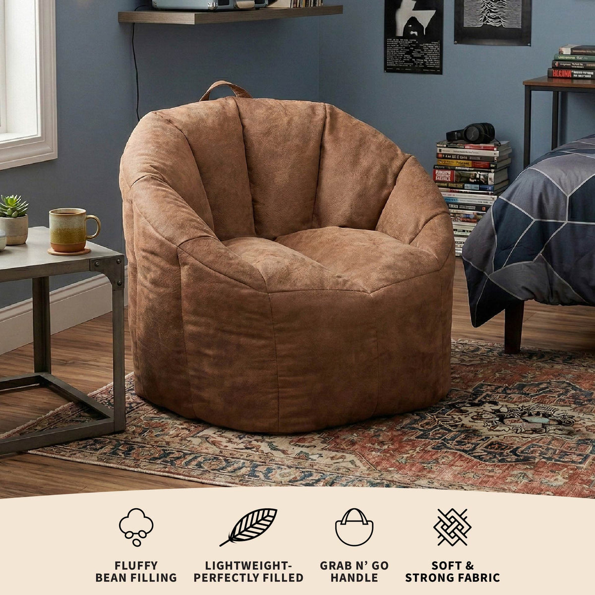 Brown bean bag chair in a room with a shelf and books.