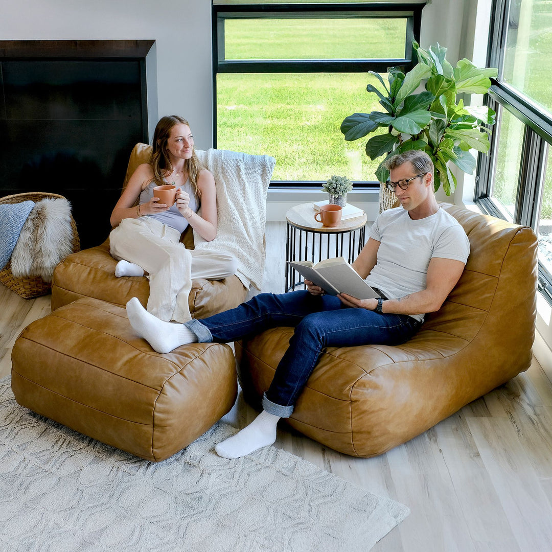 Modora Chair and Ottoman for a cozy corner. #color_copper-harbor-premium-vegan-leather