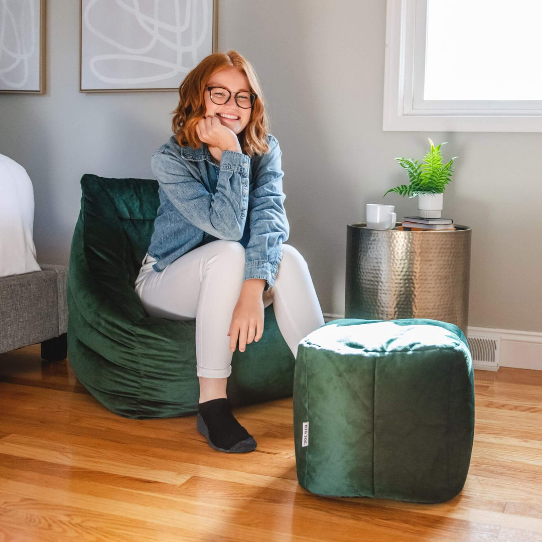 Green velvet Aurora bean bag chair and ottoman combo #color_deep-emerald-velvet