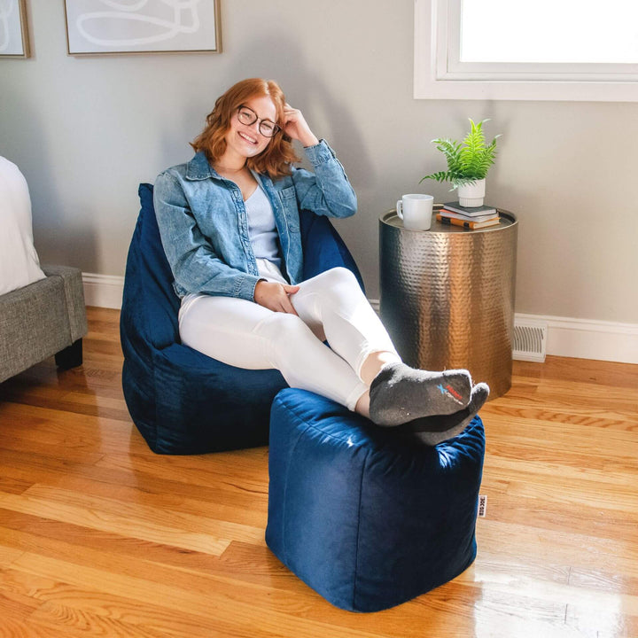 Aurora Bean Bag Chair with Ottoman in Blue #color_deep-navy-velvet