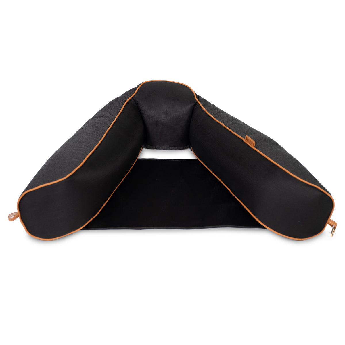 Black pool float sling with orange accents on a white background