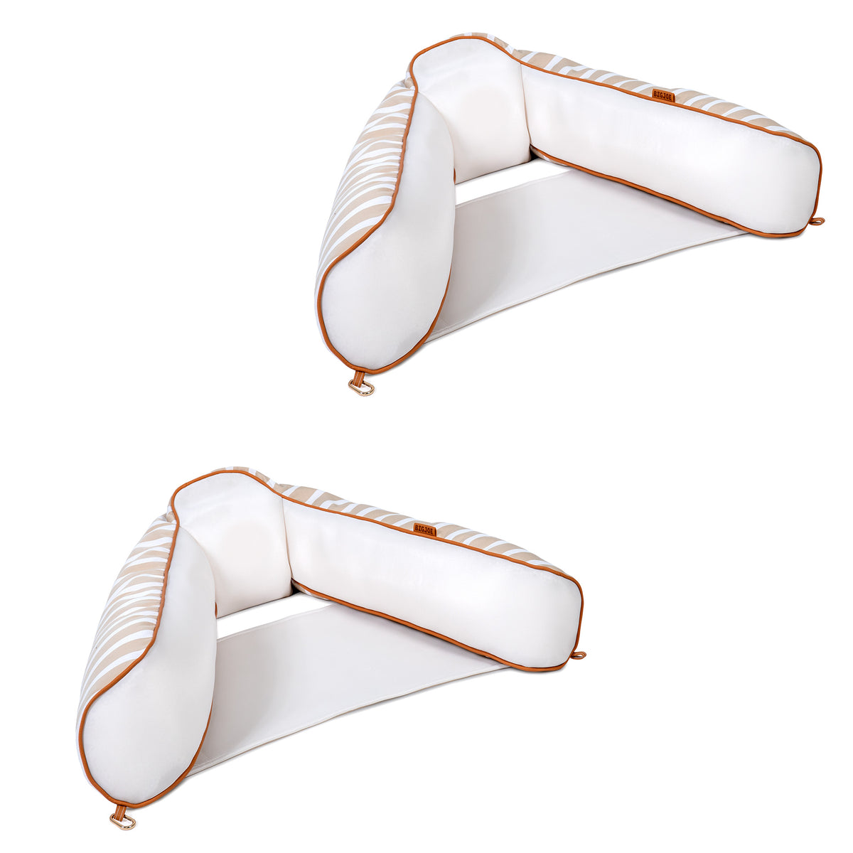 Two white pool floats with gold trim on a white background