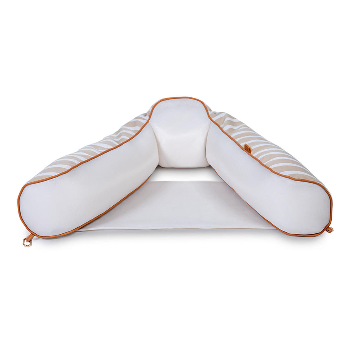 Inflatable pool float with white body and orange trim on a white background