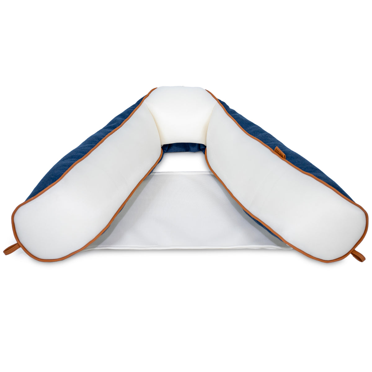 U-shaped pool float with blue and brown accents on a white background