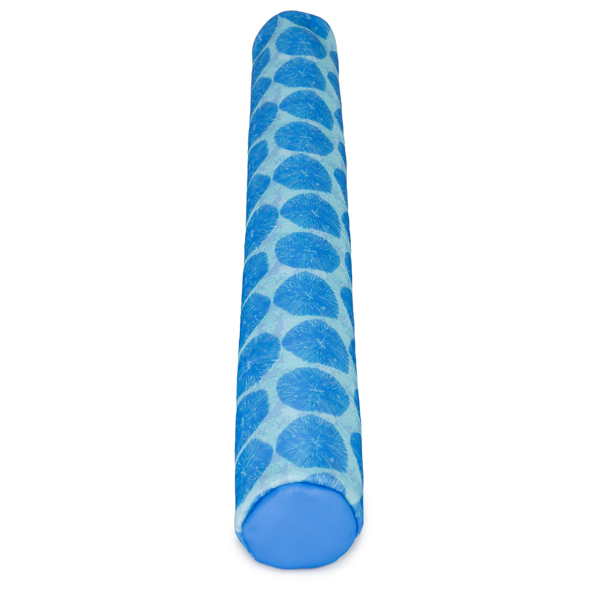 Blue textured cylindrical pool noodle on a white background