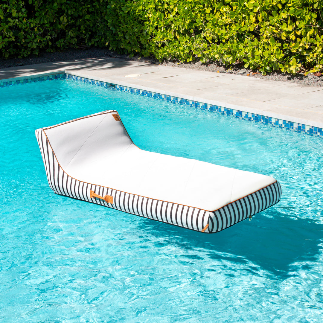 Lux Inflatable chaise fabric lined pool float #color_black-and-white-cape-stripe