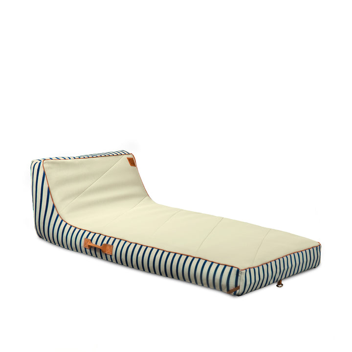 Angle View Lux Inflatable chaise fabric lined pool float #color_navy-and-ivory-stripe