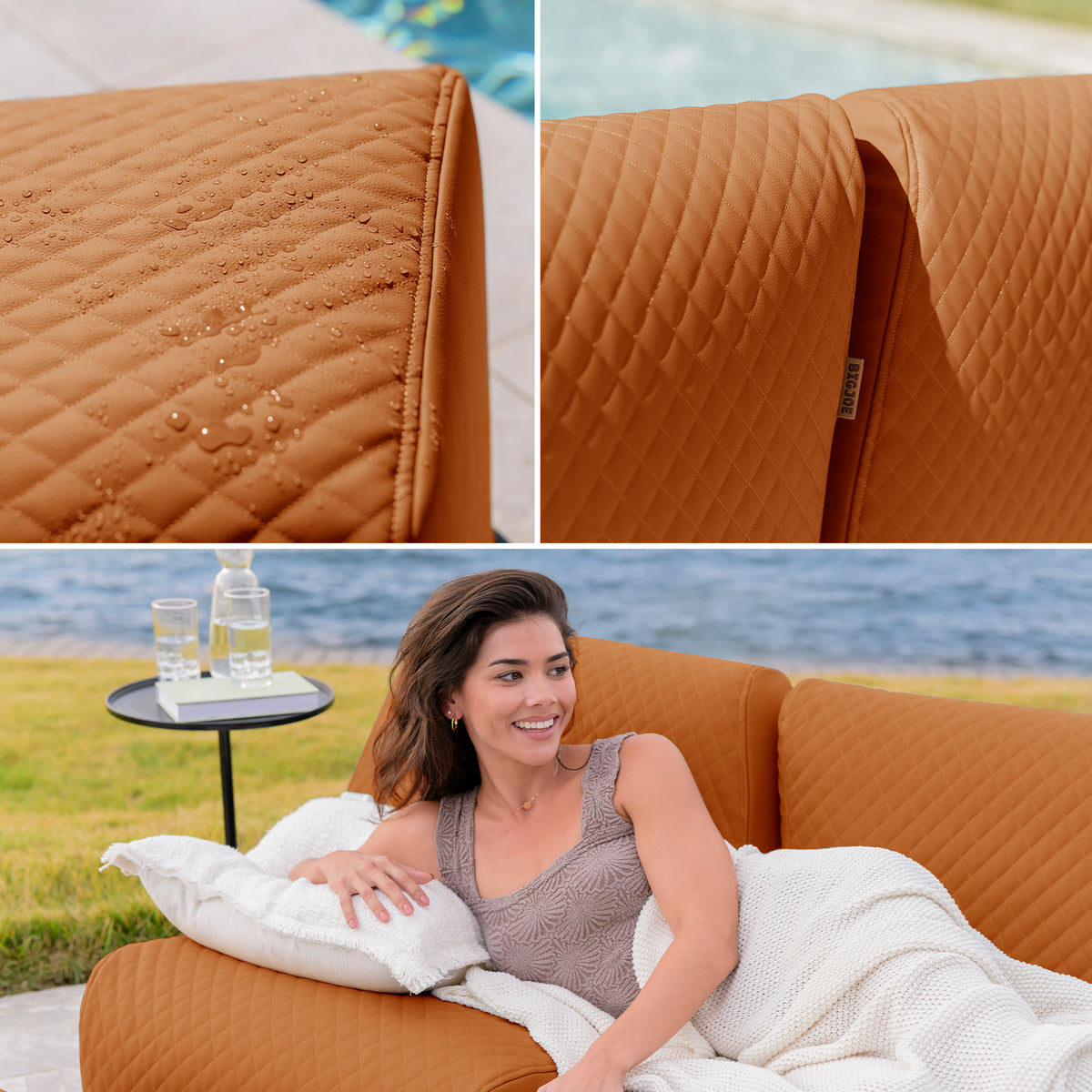 Collage of a brown quilted cover on a sofa with water and a woman sitting on the sofa in the background.