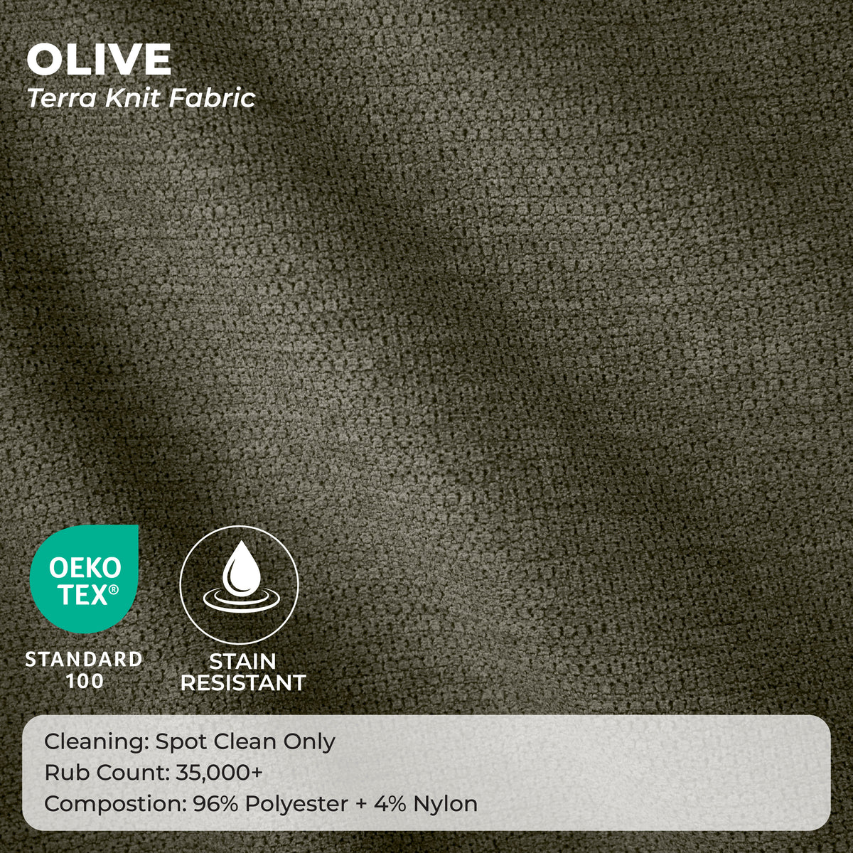Olive green terracotta knit fabric texture swatch with product details text overlays including OEKO-TEX Standard 100 and Anti Stain icons. #color_olive-green-terra-knit