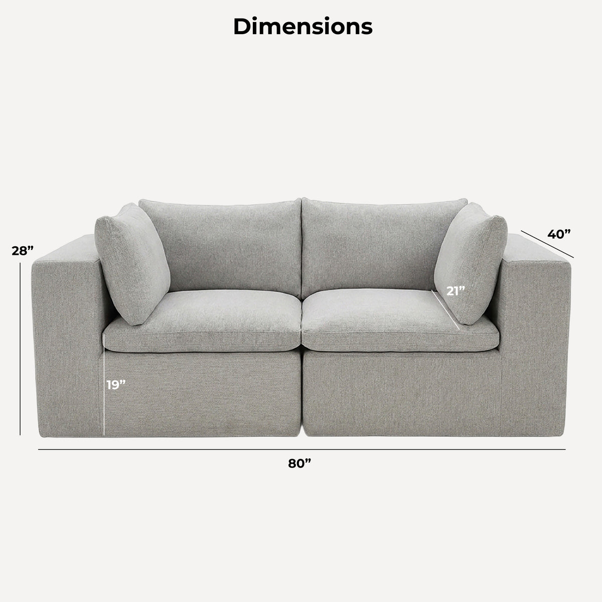 A light gray upholstered loveseat shown with dimension callouts and labels on a plain light background, including width 80 inches, height 28 inches, depth 40 inches, seat width 217 inches, and back cushion depth 217 inches. #color_cottage-gray-terra-knit