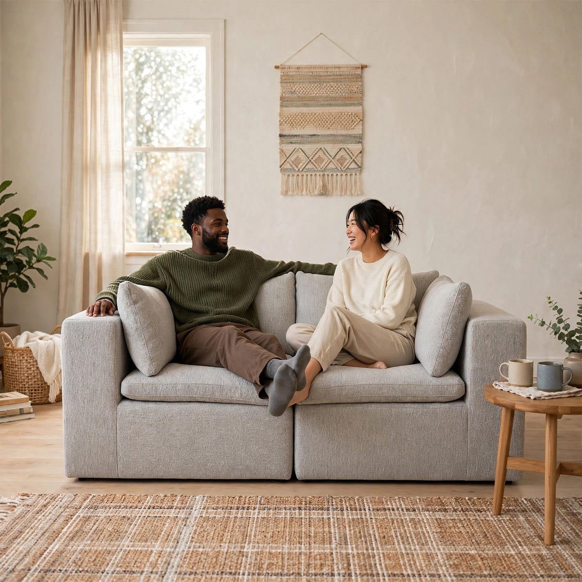 A man and a woman relax on a light gray modular two-seater sofa in a bright, modern living room with beige walls, a window, and a woven wall hanging. #color_cottage-gray-terra-knit