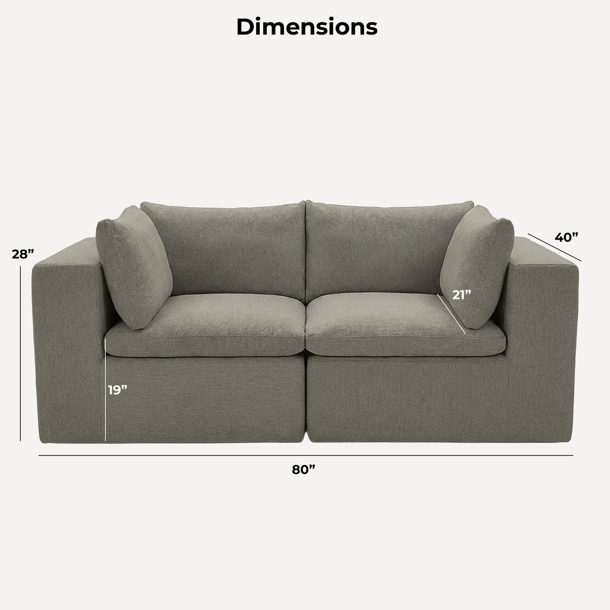 A gray upholstered loveseat shown with dimension callouts and labels on a light gray background, including width 80 inches, height 28 inches, depth 40 inches, seat width 21 inches, and seat depth 19 inches. #color_misty-gray-terra-knit