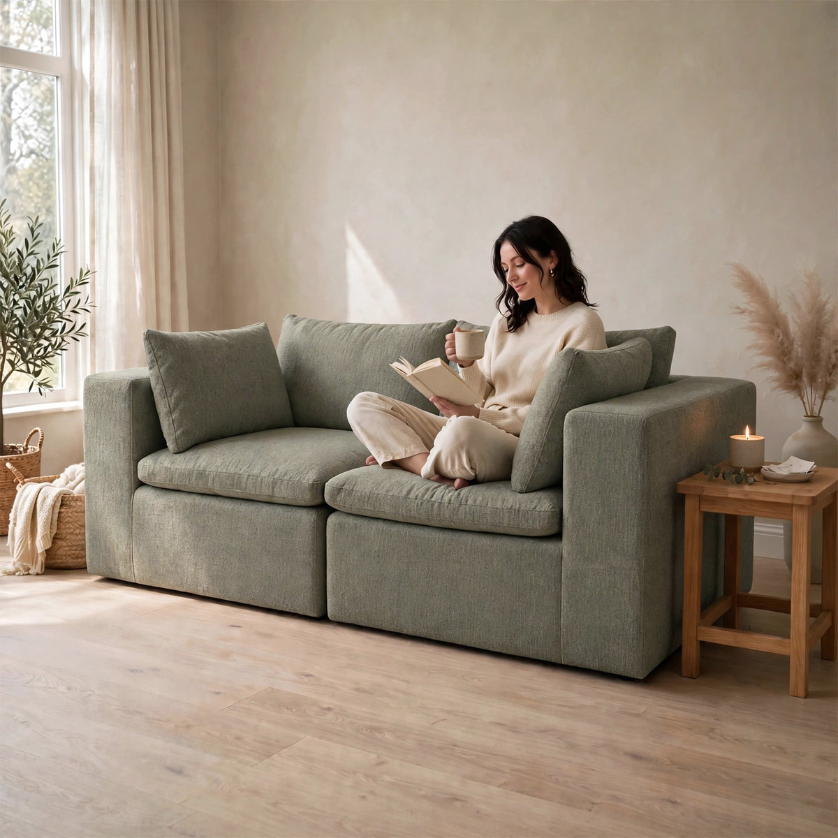 A woman sits on a large upholstered loveseat in a softly lit room, reading a book and holding a mug. The loveseat is a muted sage green with chunky armrests and matching back cushions. #color_misty-gray-terra-knit