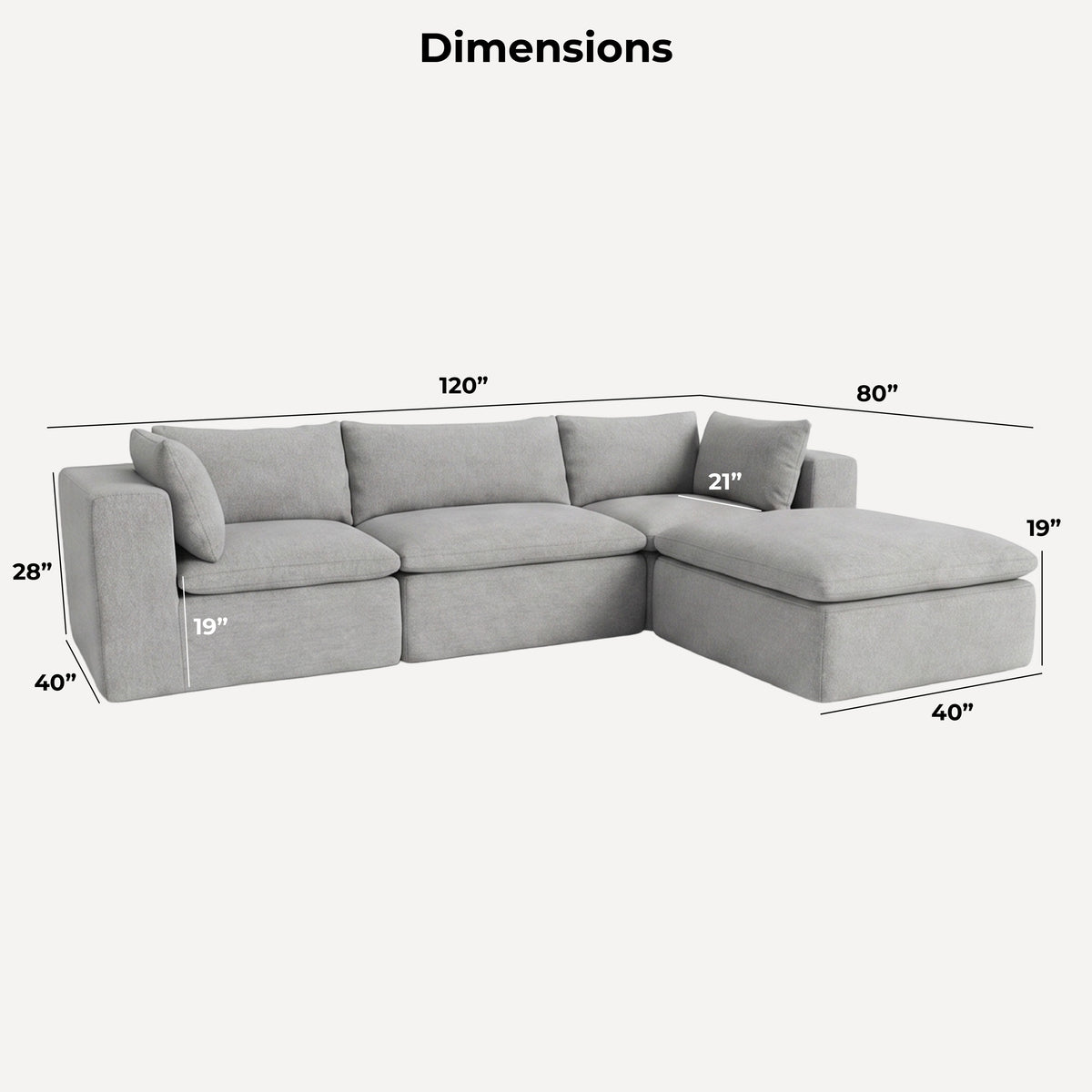 A light gray sectional sofa with a chaise lounge, shown with dimension lines and labels indicating measurements of 120 inches wide, 80 inches deep, 40 inches front, 28 inches height, 40 inches side, 19 inches chaise depth, and 21 inches cushion height.