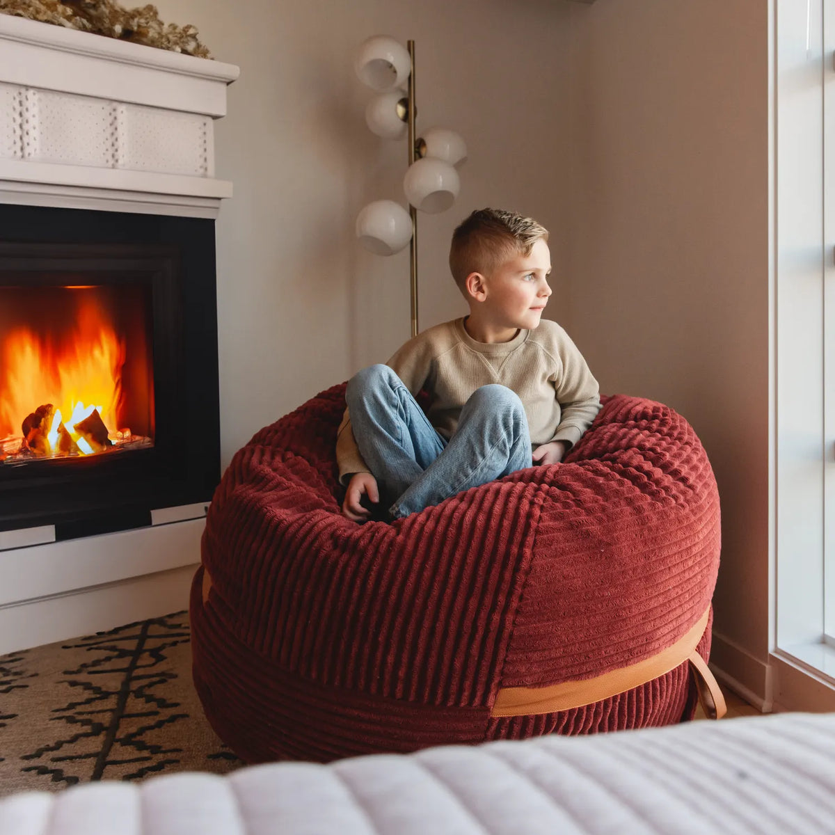 Fuf Medium Foam-Filled Bean Bag Chair with Young Boy