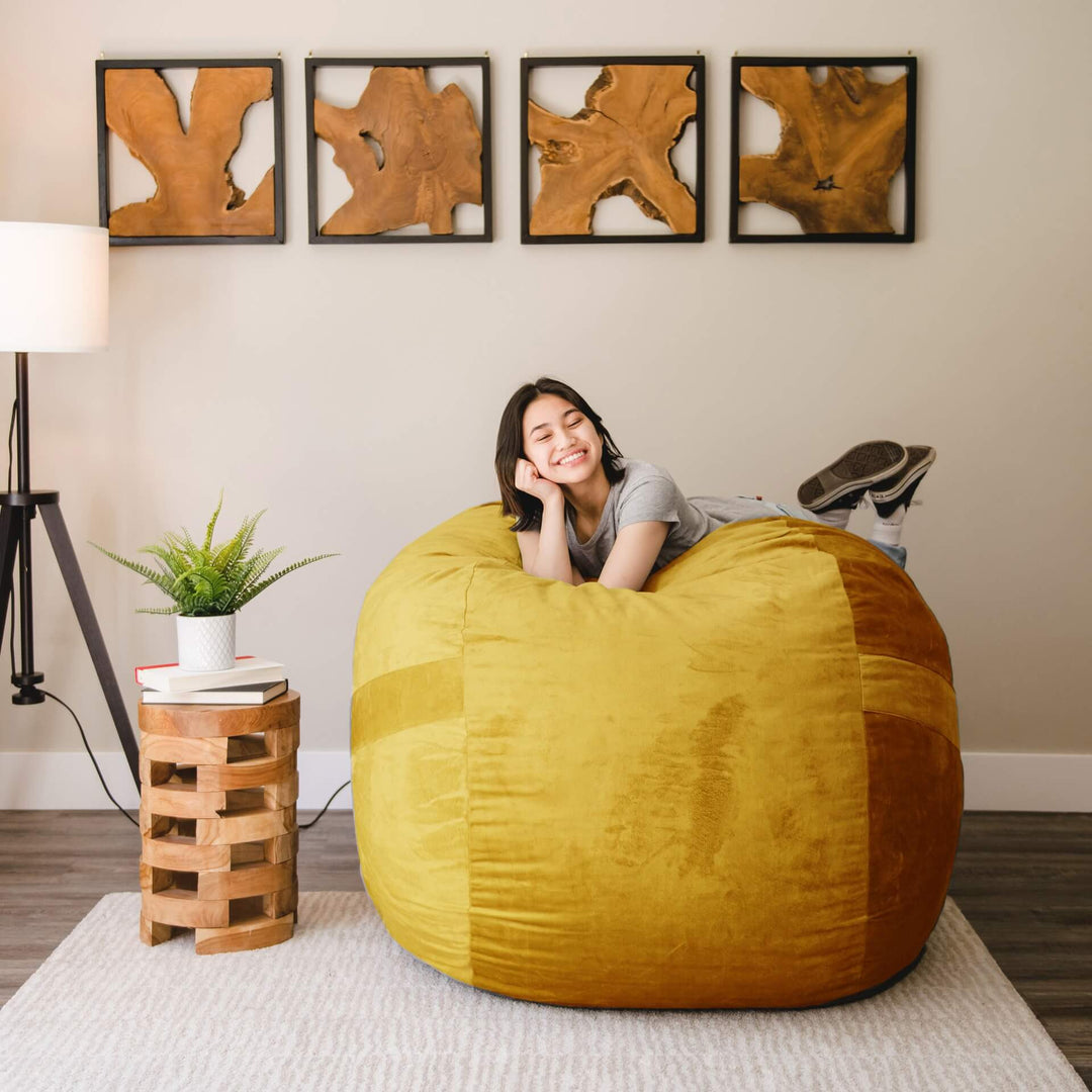 Girl on Yellow Fuf foam bean bag chair #color_mustard-plush