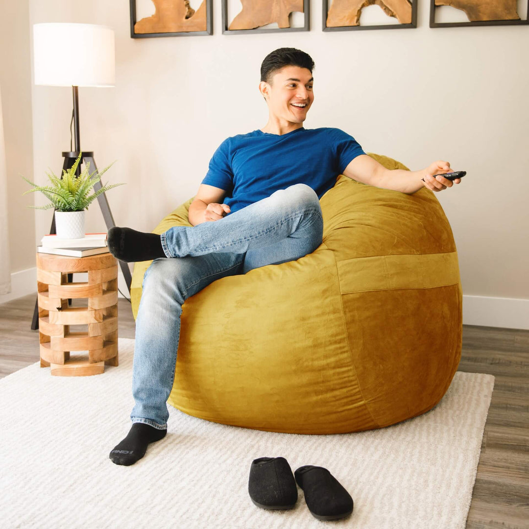 Fuf yellow large with man relaxing #color_mustard-plush