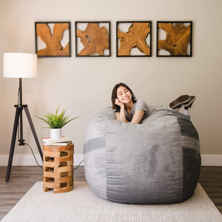 Fuf large grey plush foam beanbag chair woman relaxing #color_gray-plush