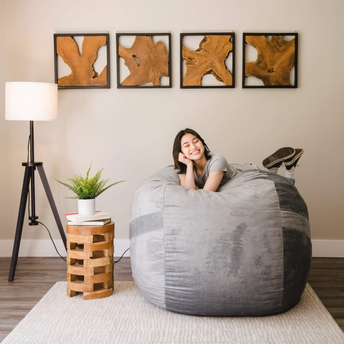 Fuf large grey plush foam beanbag chair woman relaxing