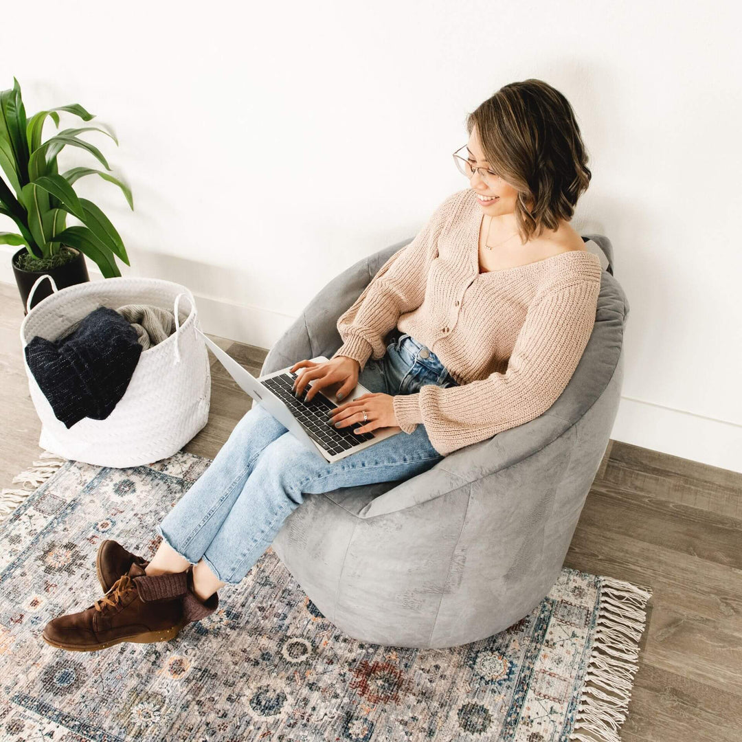 Milano Bean Bag Chair woman working on computer  #color_gray-plush