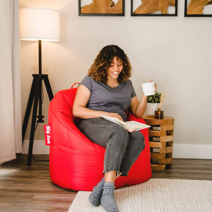 Milano Bean Bag Chairs with Backrest for Adults woman reading in corner #color_red-smartmax