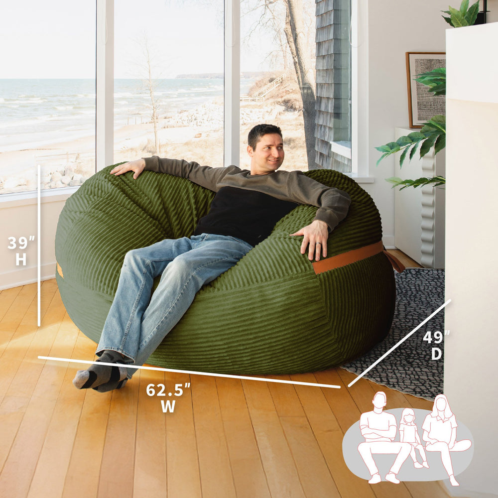 dimensions Big Joe Fuf XL Foam Beanbag Lounger Moss Green Corded Plush #color_moss-green-corded-plush