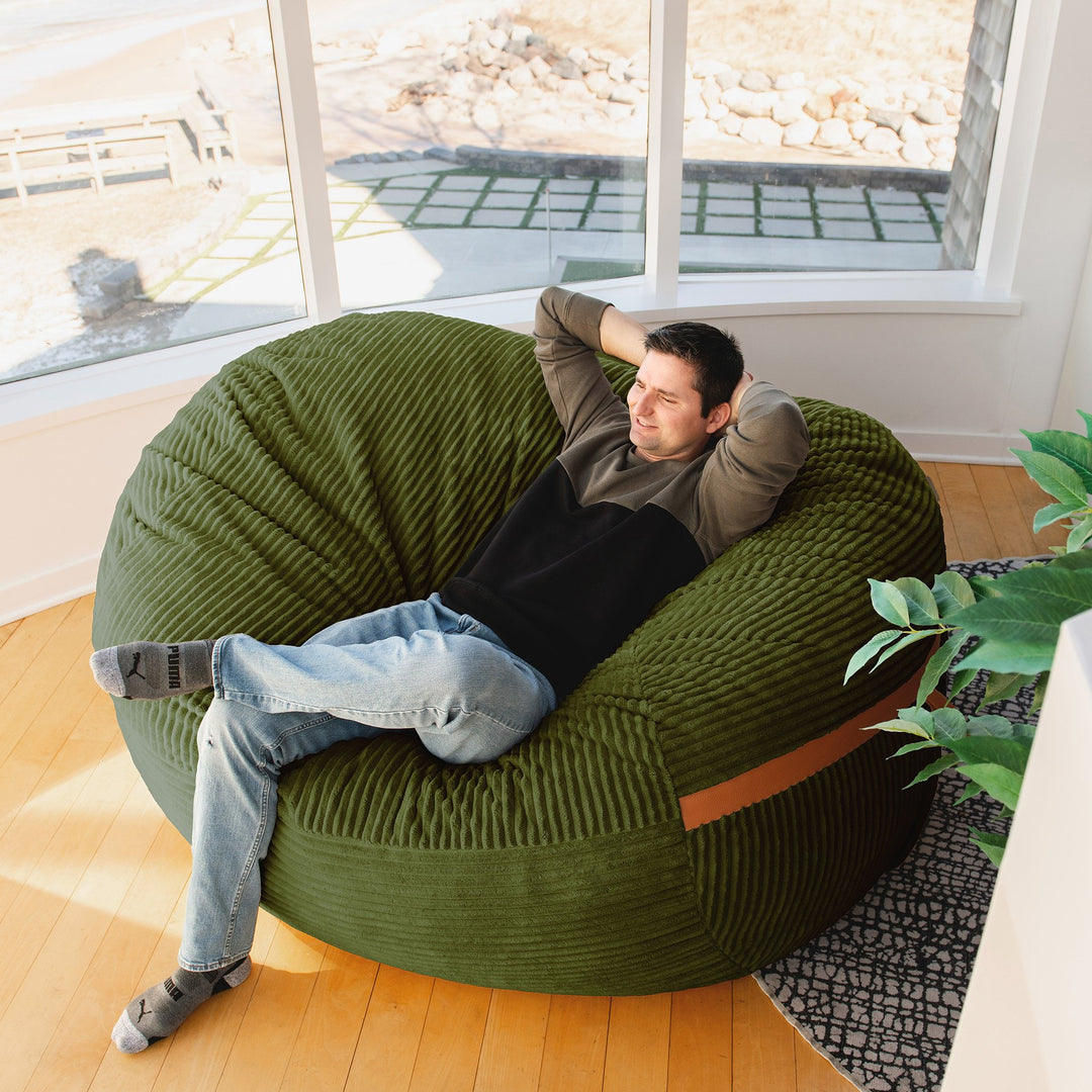 relaxing Big Joe Fuf XL Foam Beanbag Lounger Moss Green Corded Plush #color_moss-green