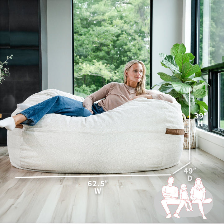Woman on beanbag, dimension #color_sandstone-textured-boucle