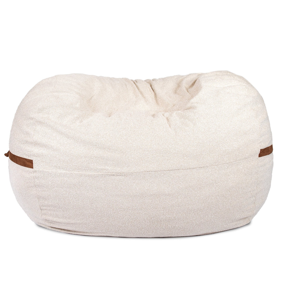 Beige bean bag chair with brown accents on a white background #color_sandstone-textured-boucle