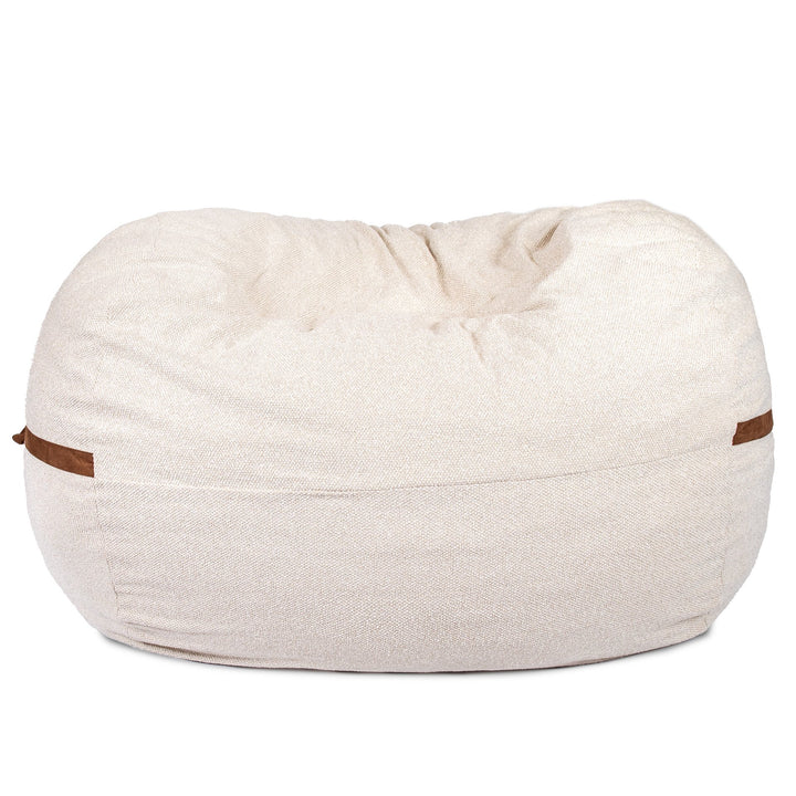 Beige bean bag chair with brown accents on a white background #color_sandstone-textured-boucle