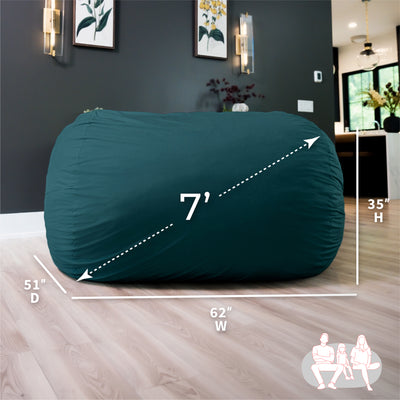 Teal bean bag chair with dimensions labeled in a room setting 