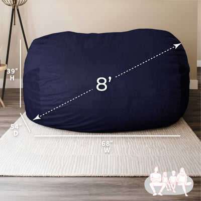 Navy bean bag chair with dimensions on a neutral background 