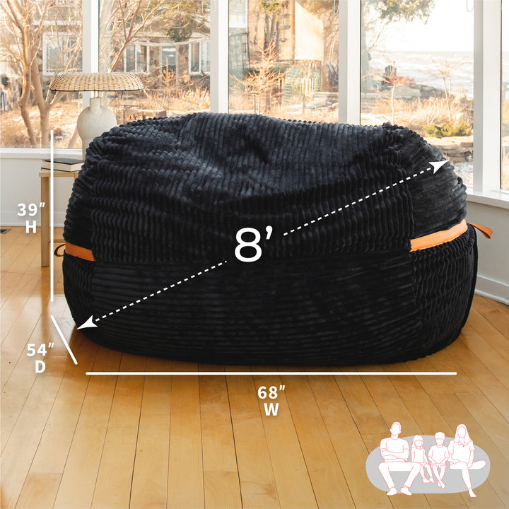 Black giant bean bag chair with dimensions #color_black-licorice-corded-plush
