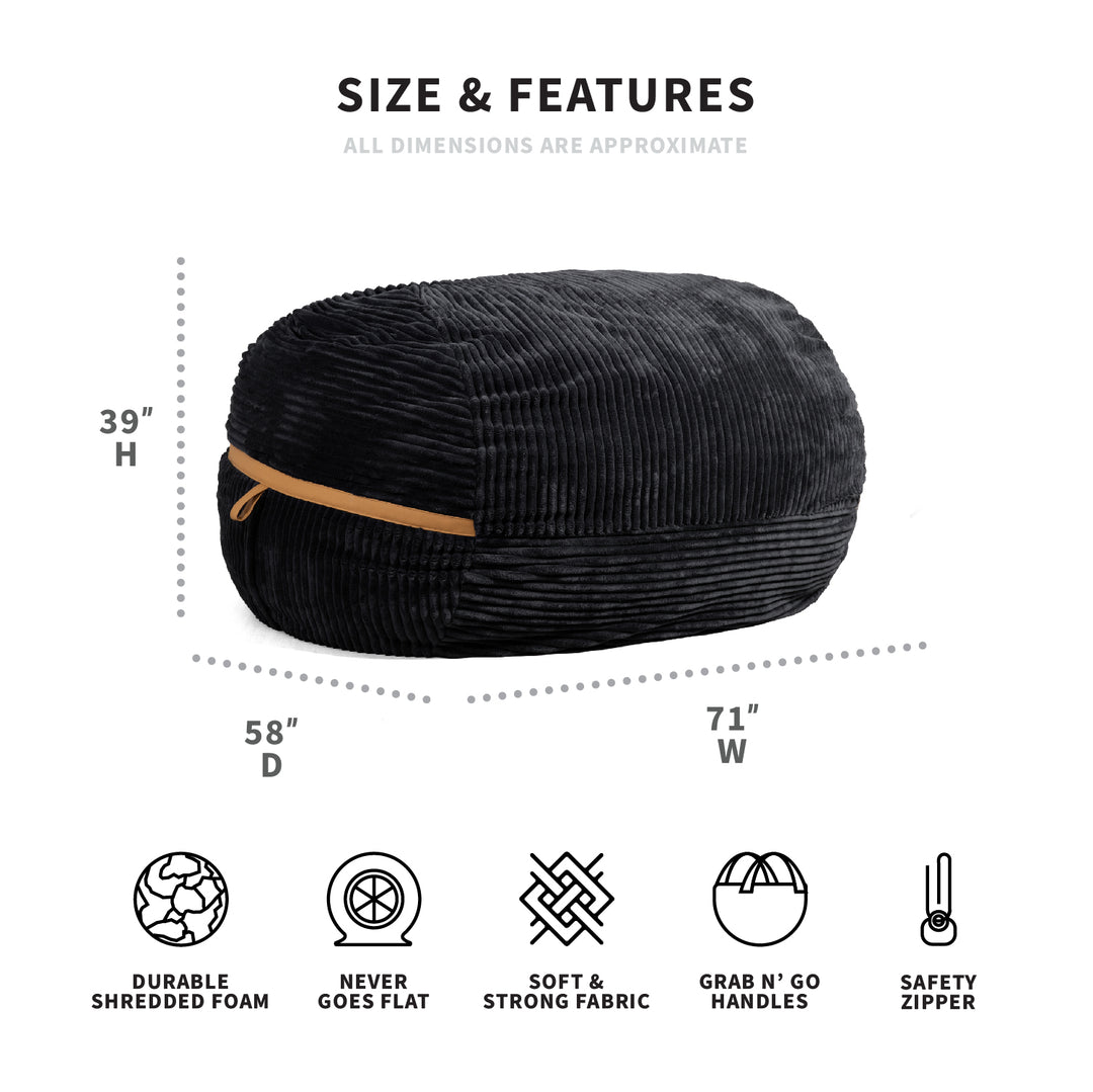 Fuf XXL Black Licorice Corded Plush Foam Beanbag dimensions #color_black-licorice