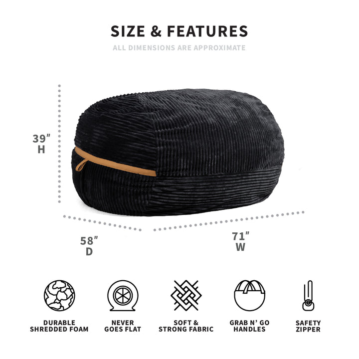 Fuf XXL Black Licorice Corded Plush Foam Beanbag dimensions #color_black-licorice