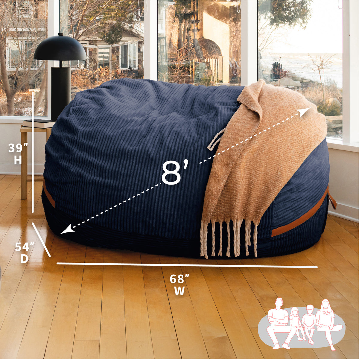 Oversized bean bag in midnight blue with dimensions 